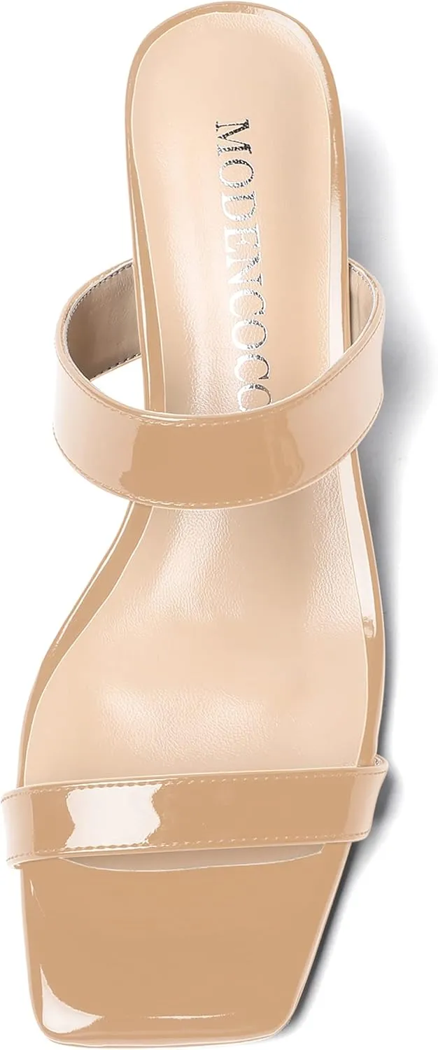 MODENCOCO Women's Open Toe Casual Dating Slip On Patent Square Toe Chunky Low Heel Sandals 2 Inch