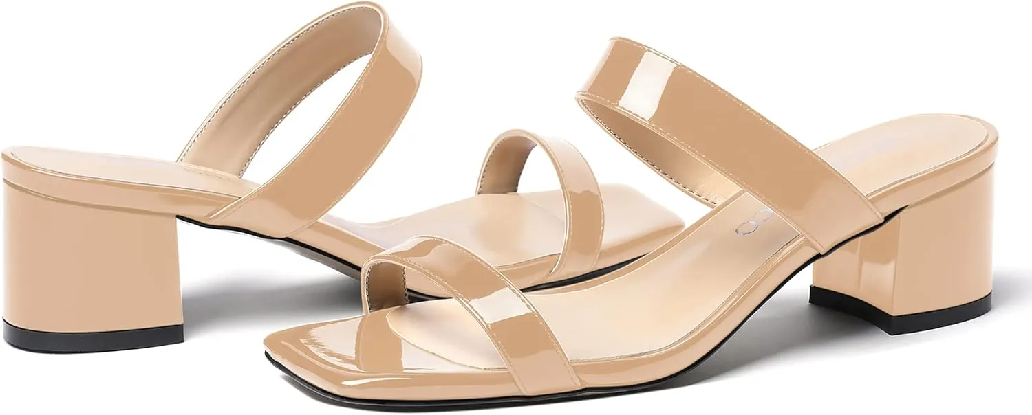 MODENCOCO Women's Open Toe Casual Dating Slip On Patent Square Toe Chunky Low Heel Sandals 2 Inch