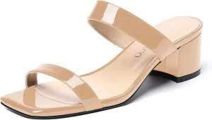 MODENCOCO Women's Open Toe Casual Dating Slip On Patent Square Toe Chunky Low Heel Sandals 2 Inch