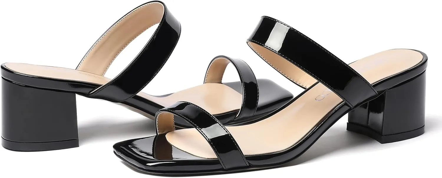 MODENCOCO Women's Open Toe Casual Dating Slip On Patent Square Toe Chunky Low Heel Sandals 2 Inch