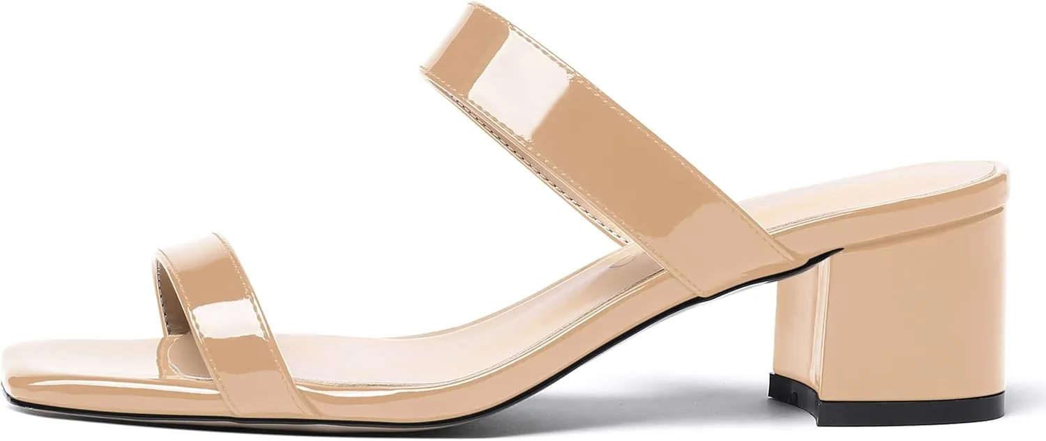 MODENCOCO Women's Open Toe Casual Dating Slip On Patent Square Toe Chunky Low Heel Sandals 2 Inch