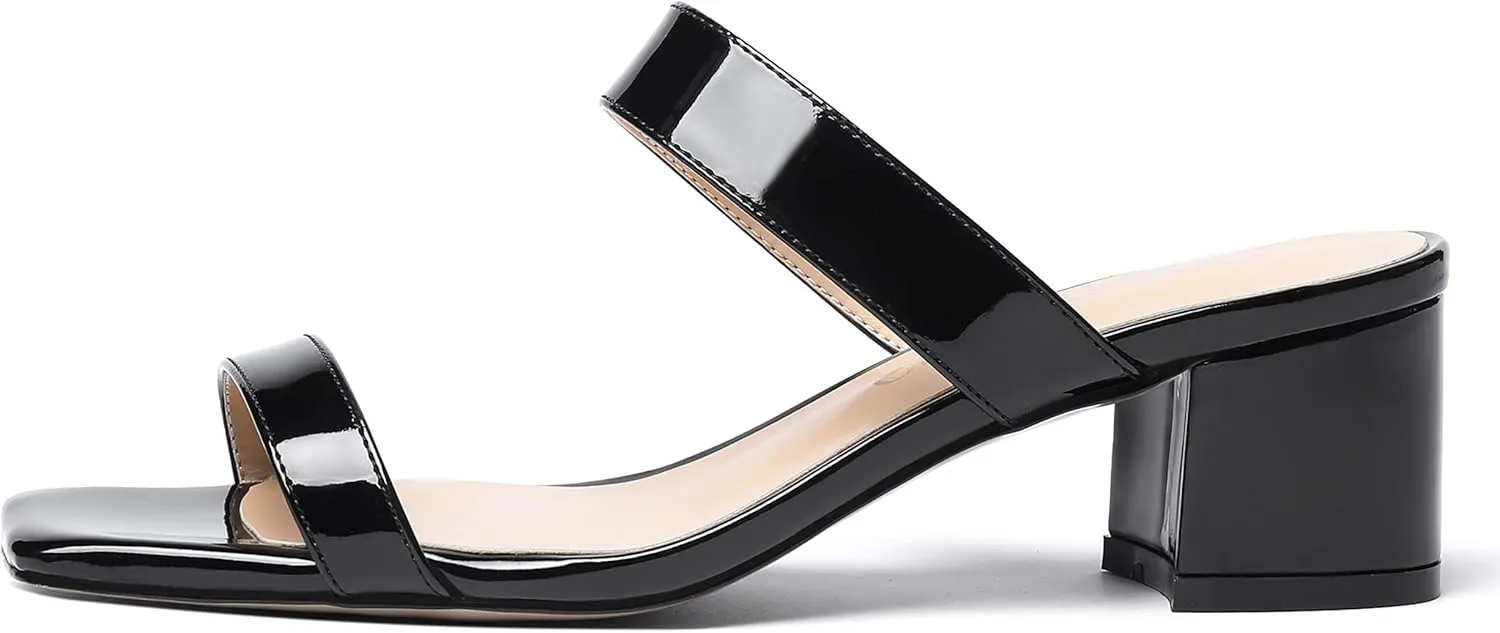 MODENCOCO Women's Open Toe Casual Dating Slip On Patent Square Toe Chunky Low Heel Sandals 2 Inch