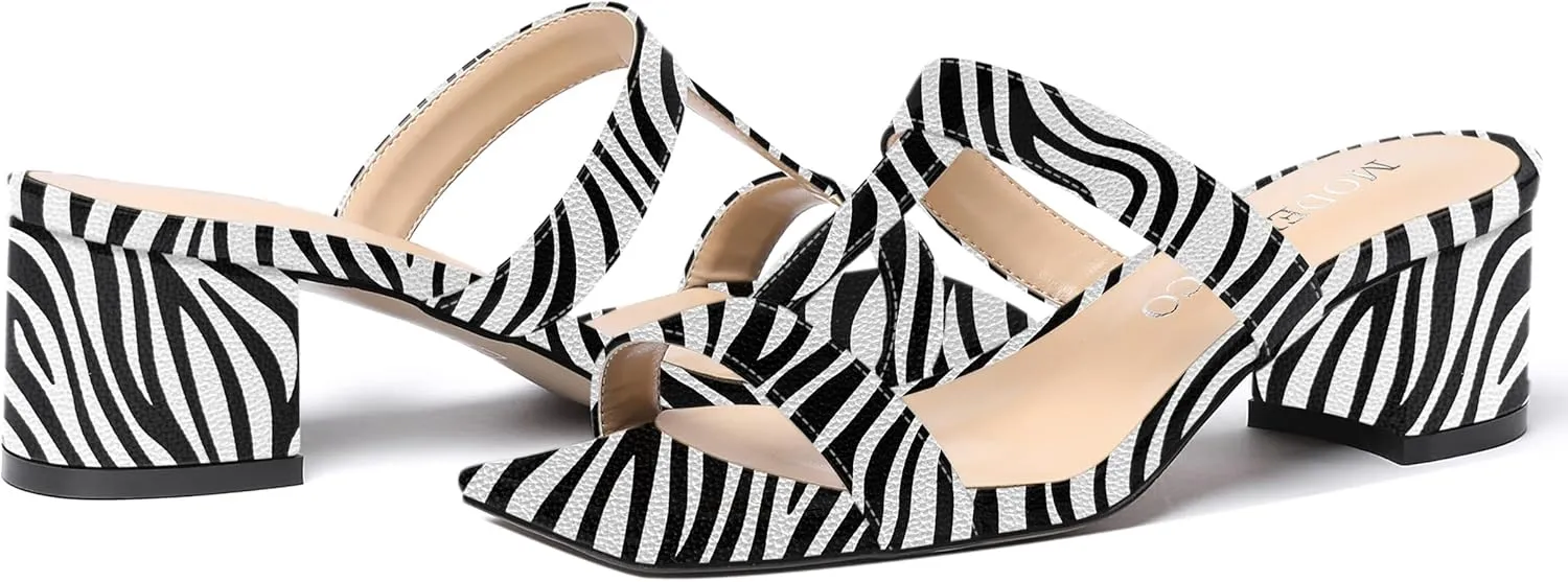 MODENCOCO Women's Slip On Casual Strap Square Toe Comfortable Patent Party Chunky Low Heel Heeled Sandals 2 Inch