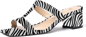 MODENCOCO Women's Slip On Casual Strap Square Toe Comfortable Patent Party Chunky Low Heel Heeled Sandals 2 Inch