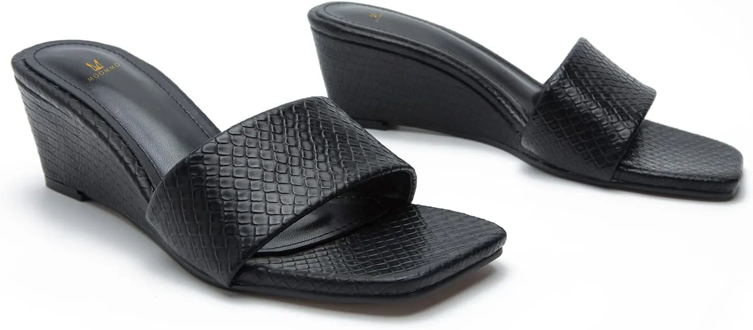 MOOMMO Women Wedge Mules Sandals Square Toe Slide Wedges Comfortable Sexy 2.5 Inch Wedge Mule Heels Open Toe Dress Office Party Chic Heeled Slipper Casual Summer 6-10 M US