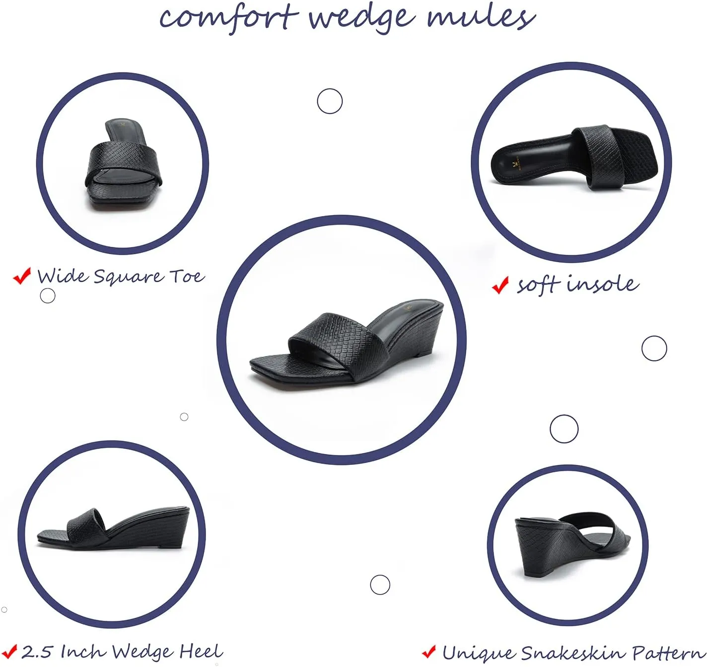 MOOMMO Women Wedge Mules Sandals Square Toe Slide Wedges Comfortable Sexy 2.5 Inch Wedge Mule Heels Open Toe Dress Office Party Chic Heeled Slipper Casual Summer 6-10 M US