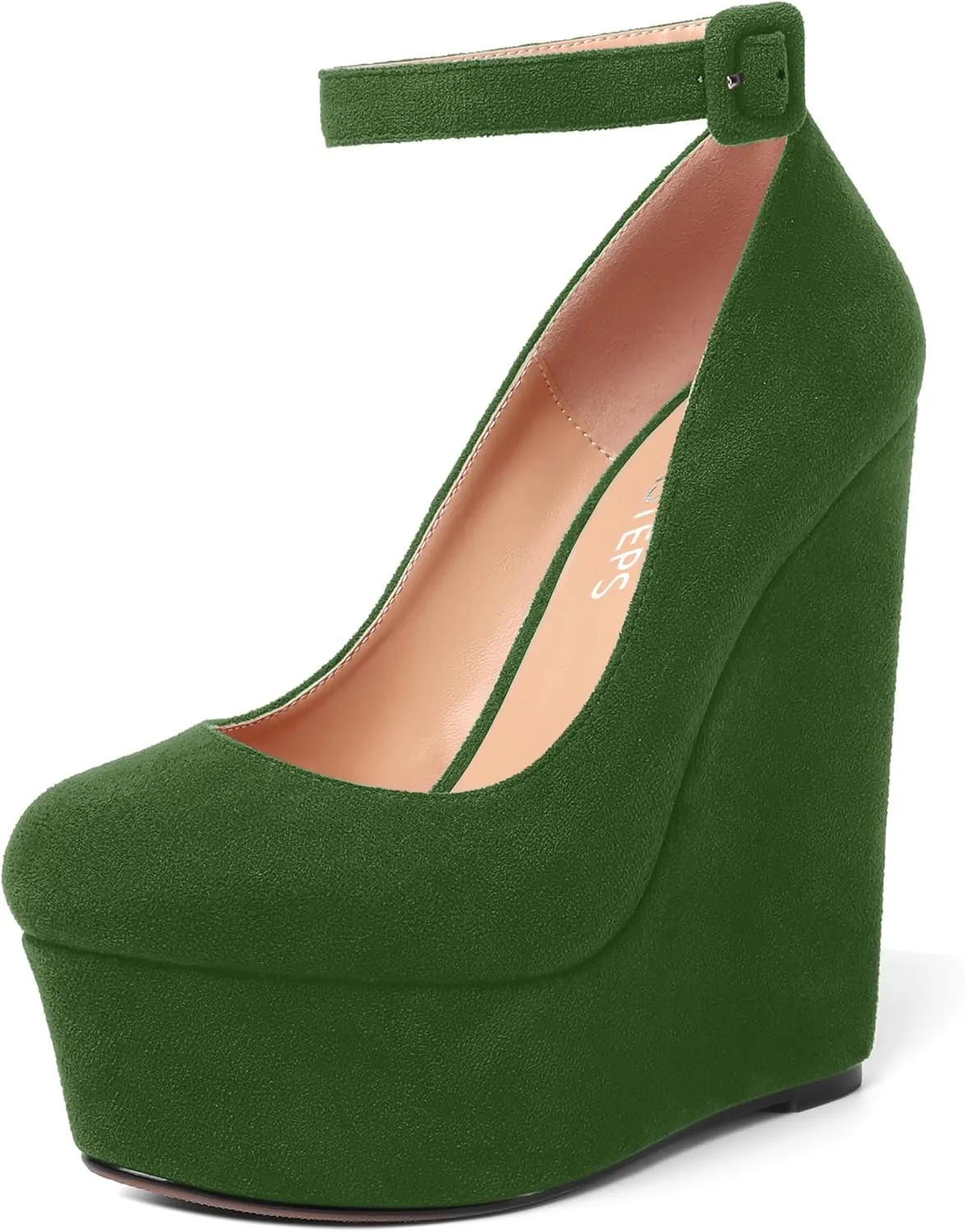 MOVINSTEPS Womens Buckle Fashion Ankle Strap Platform Solid Party Round Toe Suede Wedge High Heel Pumps Shoes 6 Inch