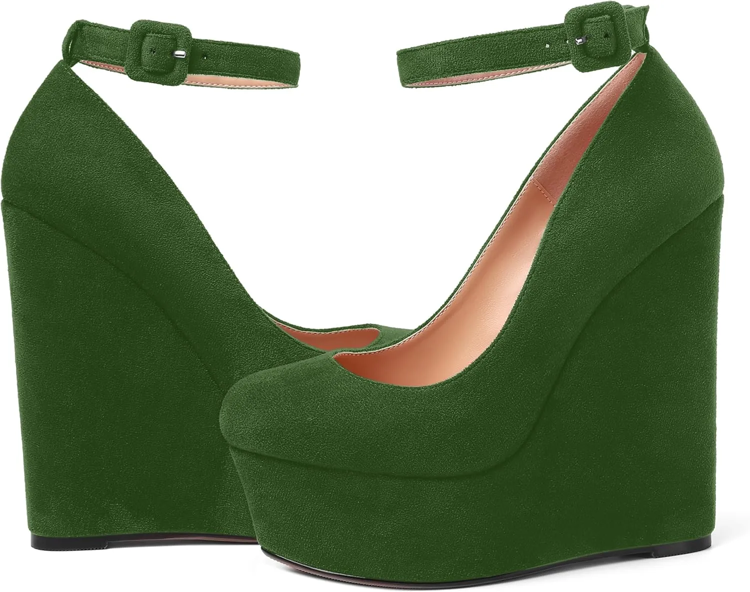 MOVINSTEPS Womens Buckle Fashion Ankle Strap Platform Solid Party Round Toe Suede Wedge High Heel Pumps Shoes 6 Inch