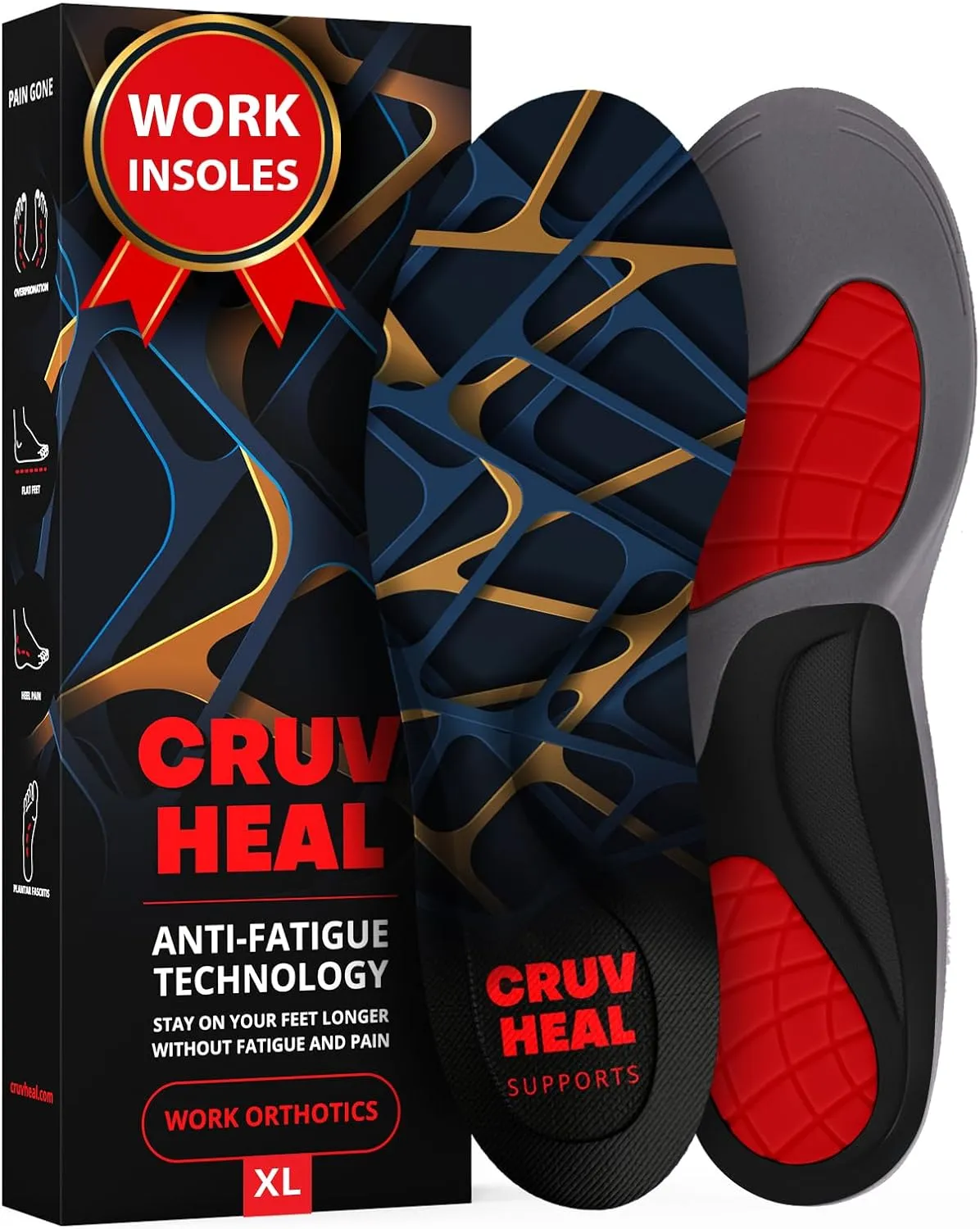 (New) Work Orthotic Insoles - Anti Fatigue Medium Arch Support Shoe Insert Men Women - for Plantar Fasciitis Flat Feet Leg - Relieve Foot Pain - Work Boot Insoles Standing All Day (XL, Blue Lines)
