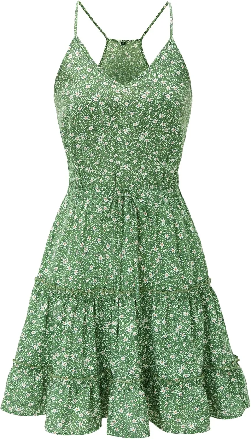 Newshows Women's 2025 Summer Dress Spaghetti Strap Casual Boho Beach Vacation Outfits Drawstring Ruffle Hem Sundress Trendy