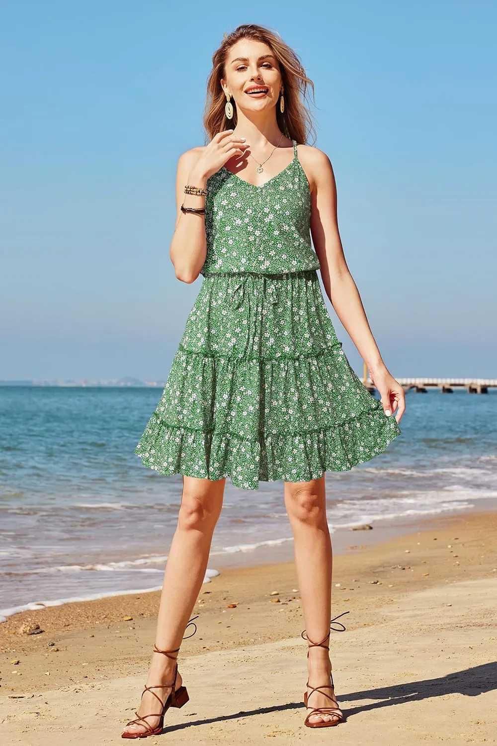 Newshows Women's 2025 Summer Dress Spaghetti Strap Casual Boho Beach Vacation Outfits Drawstring Ruffle Hem Sundress Trendy