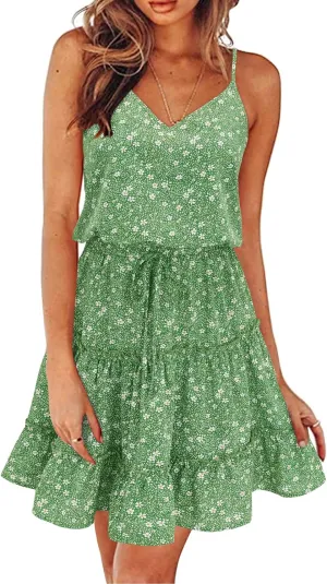 Newshows Women's 2025 Summer Dress Spaghetti Strap Casual Boho Beach Vacation Outfits Drawstring Ruffle Hem Sundress Trendy