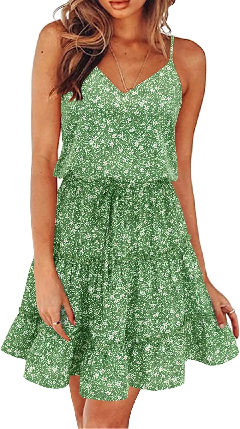 Newshows Women's 2025 Summer Dress Spaghetti Strap Casual Boho Beach Vacation Outfits Drawstring Ruffle Hem Sundress Trendy