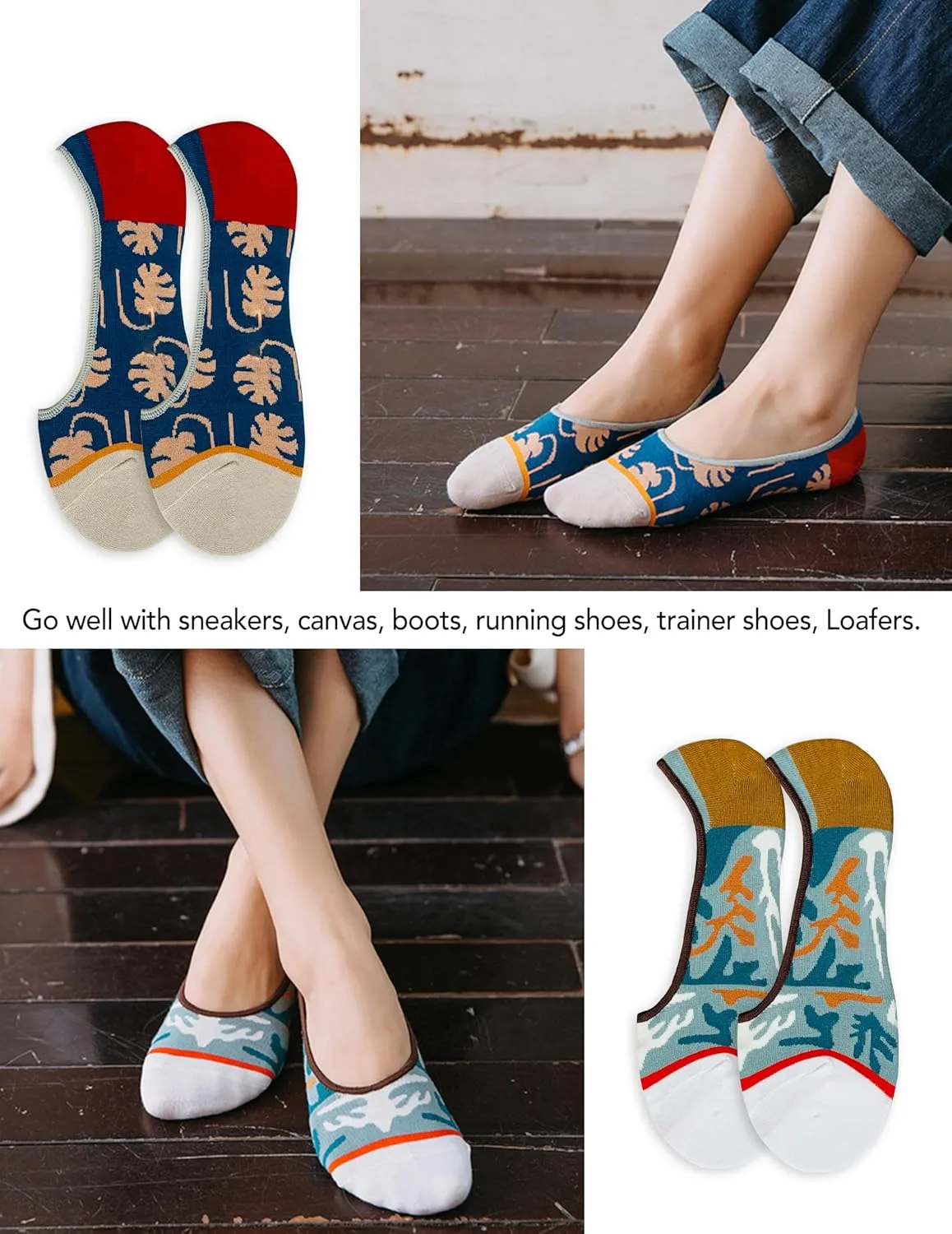 No Show Socks Womens Cute Design Comfortable Stylish Non Slip Cotton Size 5-8/8-11 6-Pairs