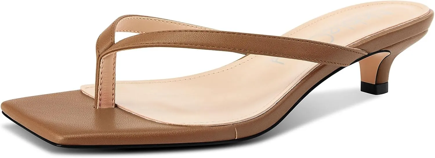 NobleOnly Women's Flip Flop Heels Thong Sandals Heeled Mules for Women Square Open Toe Low Kitten Heels Dress Casual 1.4 Inches Sandals