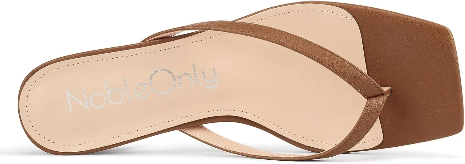 NobleOnly Women's Flip Flop Heels Thong Sandals Heeled Mules for Women Square Open Toe Low Kitten Heels Dress Casual 1.4 Inches Sandals