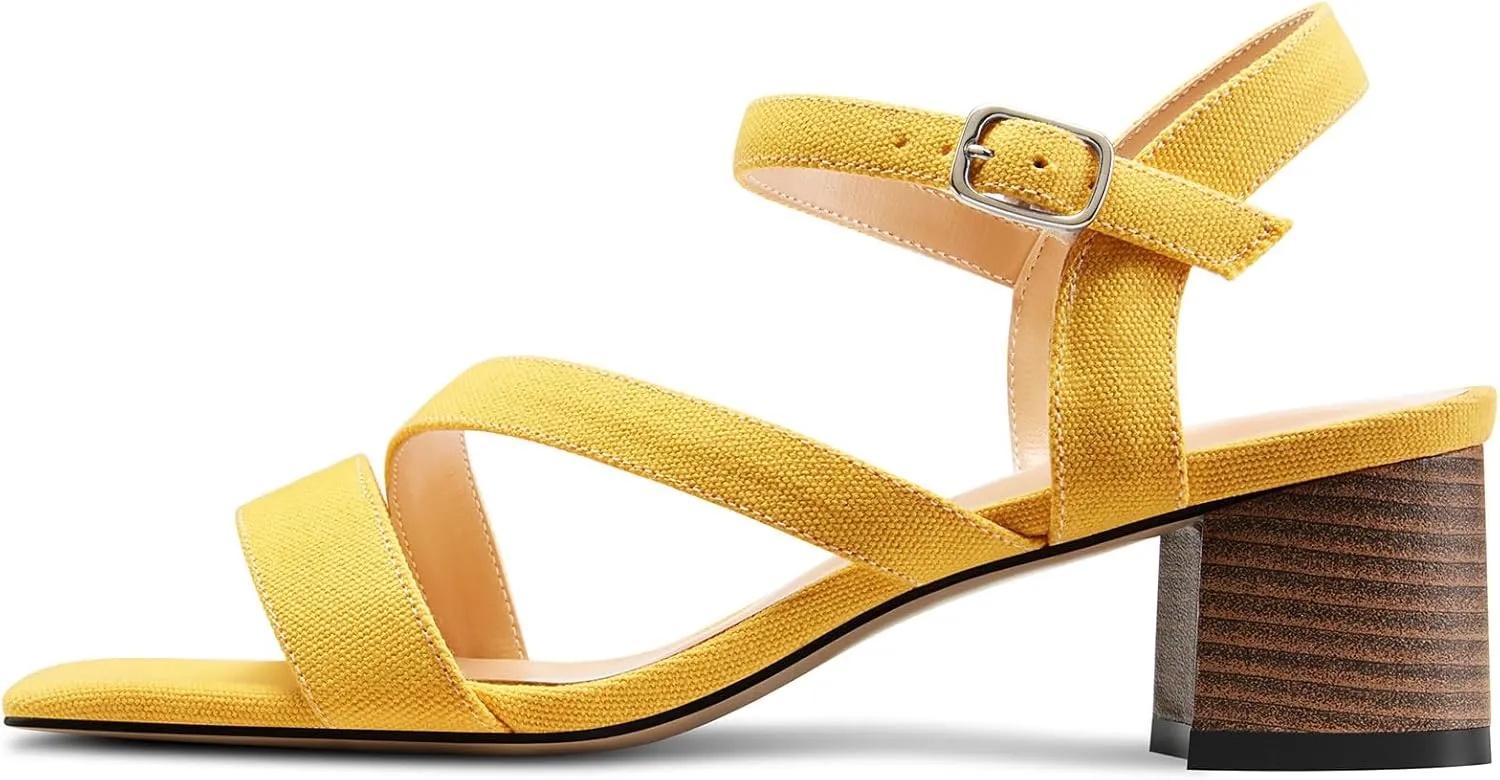NobleOnly Womens Mid Block Heel Open Toe Ankle Strap Buckle Sandals Casual Office Dress Denim Summer Shoes 2.0 Inches Heels