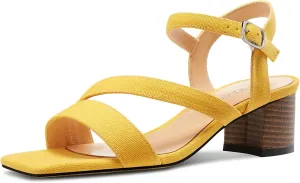 NobleOnly Womens Mid Block Heel Open Toe Ankle Strap Buckle Sandals Casual Office Dress Denim Summer Shoes 2.0 Inches Heels