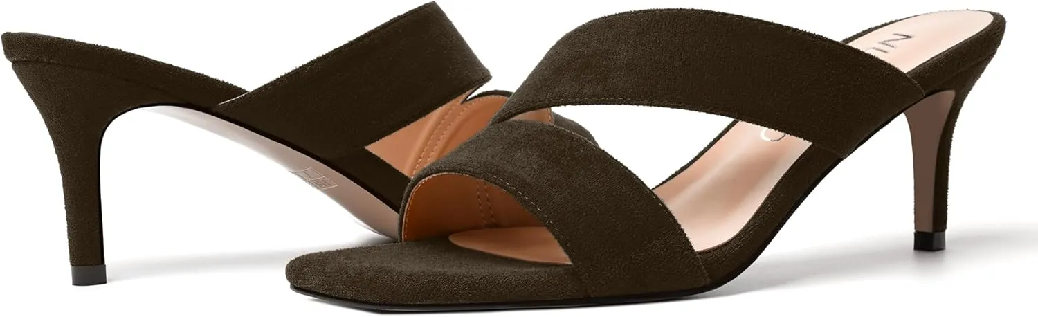 NUMALEO Womens Square Toe Suede Dress Slip On Stylish Party Stiletto Mid Heel Heeled Sandals 2.5 Inch