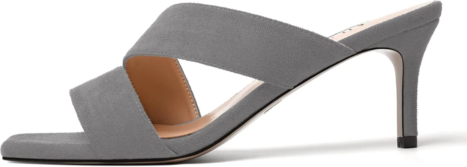 NUMALEO Womens Square Toe Suede Dress Slip On Stylish Party Stiletto Mid Heel Heeled Sandals 2.5 Inch