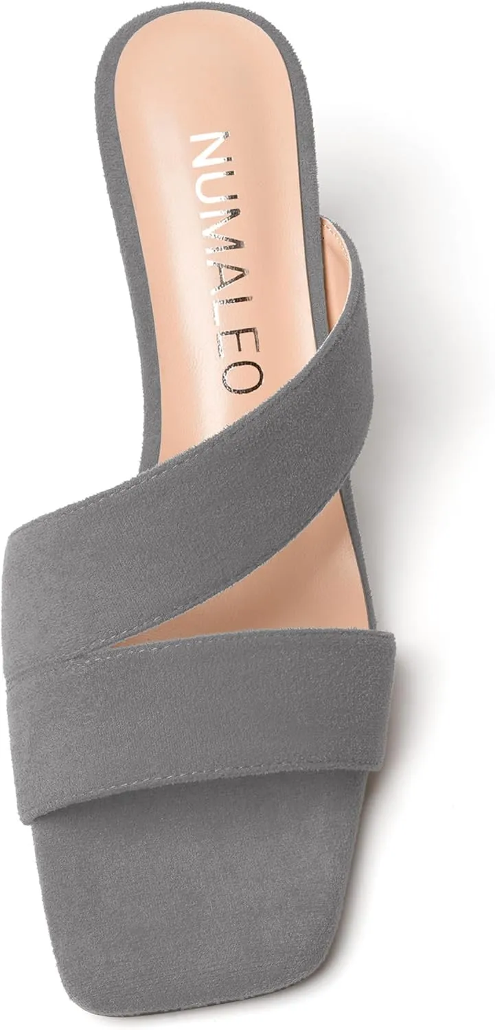 NUMALEO Womens Square Toe Suede Dress Slip On Stylish Party Stiletto Mid Heel Heeled Sandals 2.5 Inch