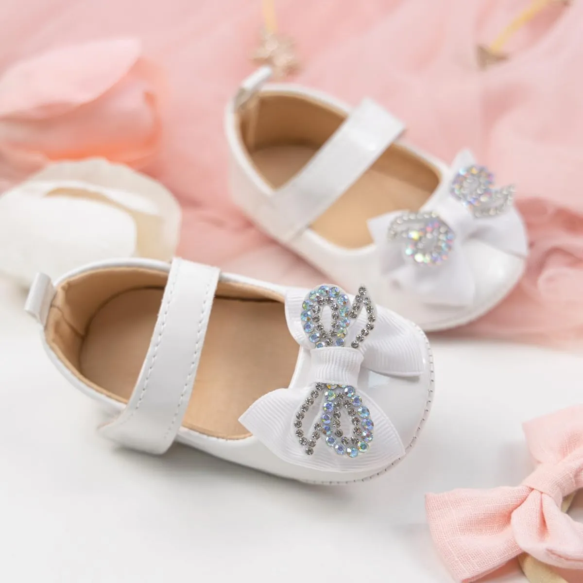Oamico Infant Baby Girls Mary Jane Flats Non Slip Rubber Sole with Bownot Toddler First Walkers Princess Wedding Dress Shoes