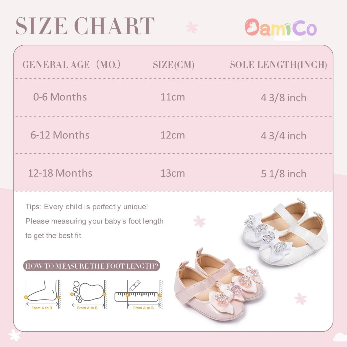 Oamico Infant Baby Girls Mary Jane Flats Non Slip Rubber Sole with Bownot Toddler First Walkers Princess Wedding Dress Shoes