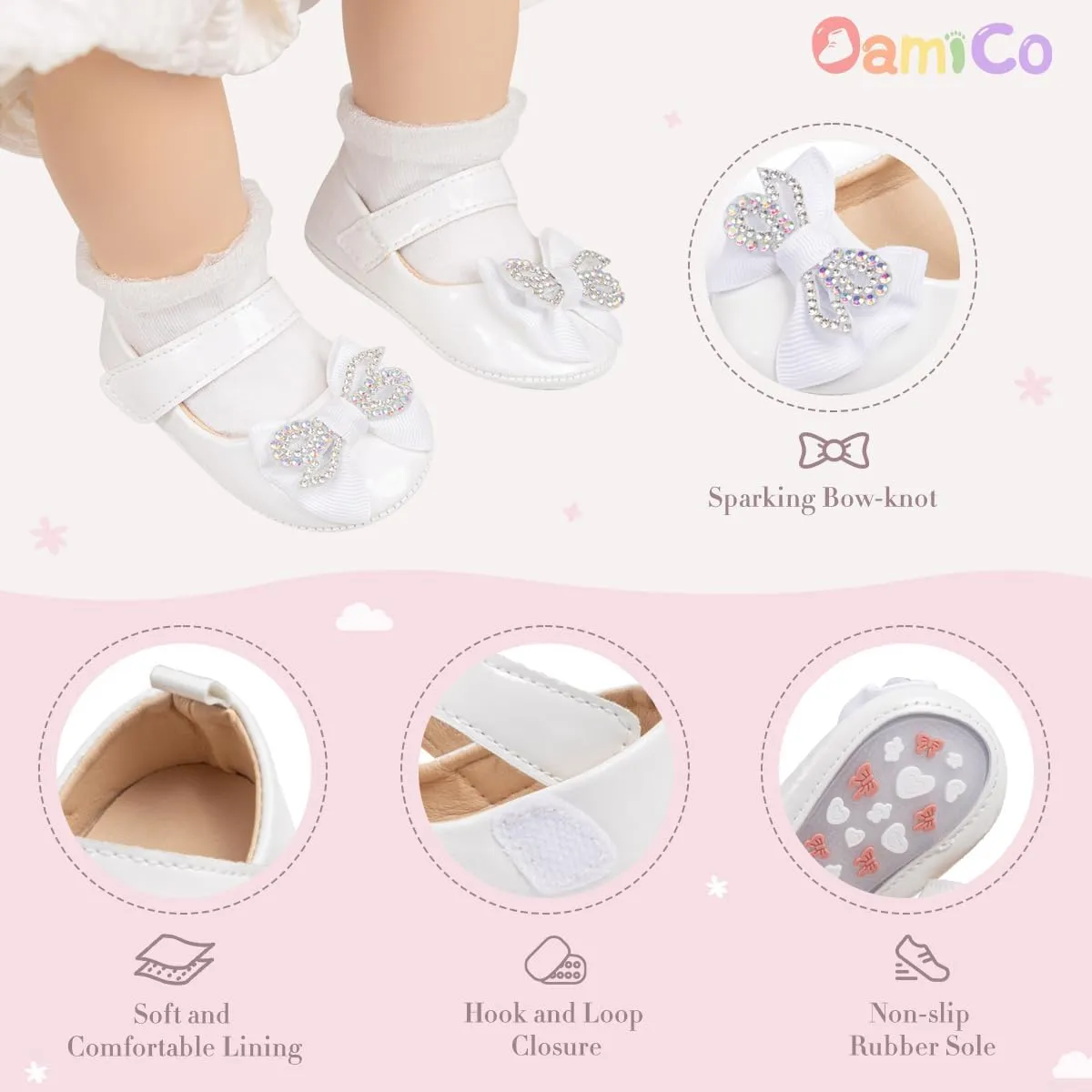Oamico Infant Baby Girls Mary Jane Flats Non Slip Rubber Sole with Bownot Toddler First Walkers Princess Wedding Dress Shoes