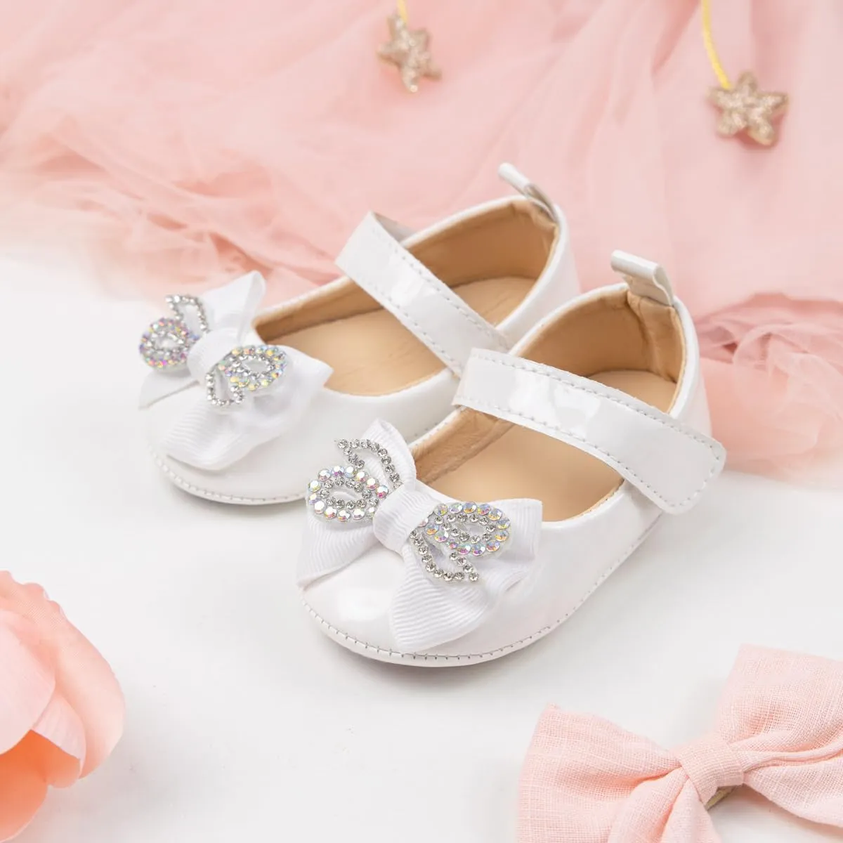 Oamico Infant Baby Girls Mary Jane Flats Non Slip Rubber Sole with Bownot Toddler First Walkers Princess Wedding Dress Shoes