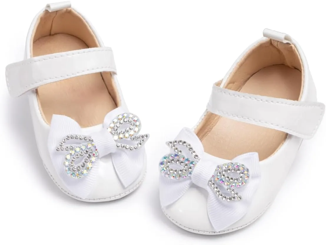 Oamico Infant Baby Girls Mary Jane Flats Non Slip Rubber Sole with Bownot Toddler First Walkers Princess Wedding Dress Shoes