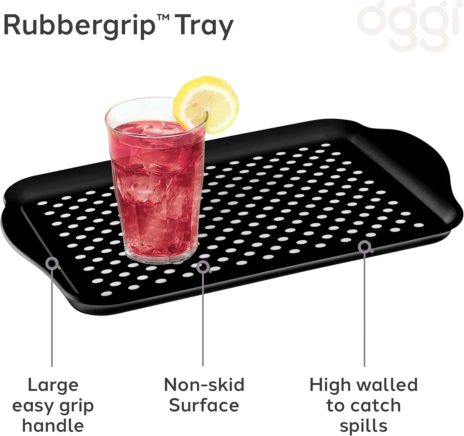 Oggi OGGI Anti Slip Serving Tray with Handles- Black Rectangle Tray - Ideal for Eating, Breakfast, Food, Appetizer Tray, Serving, 17.5 x 11.5 (5504.3)