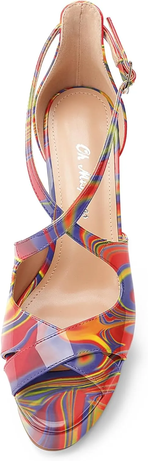 Oh Mispares Platform High Heel Sandals Peep Toe Stiletto Crisscross Strappy Buckle 5 inch Heels Dressy Heeled Sandals for Women/Girls
