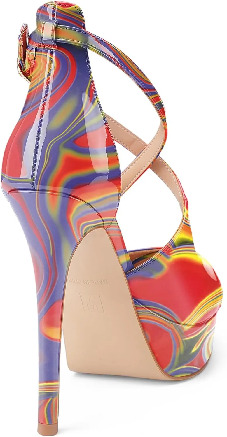 Oh Mispares Platform High Heel Sandals Peep Toe Stiletto Crisscross Strappy Buckle 5 inch Heels Dressy Heeled Sandals for Women/Girls
