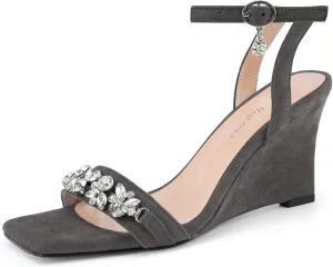 Oh Mispares Wedge Sandals for Women Square Open Toe Rhinestone Suede Dress Shoes Adjustable Strap 3 Inch Heels