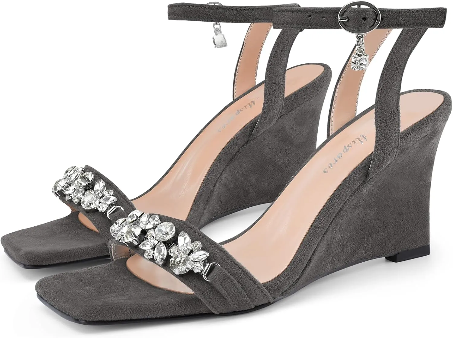 Oh Mispares Wedge Sandals for Women Square Open Toe Rhinestone Suede Dress Shoes Adjustable Strap 3 Inch Heels
