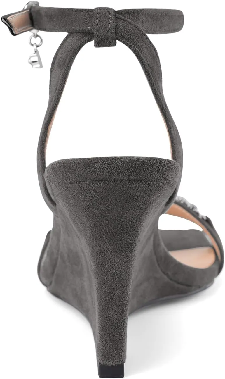 Oh Mispares Wedge Sandals for Women Square Open Toe Rhinestone Suede Dress Shoes Adjustable Strap 3 Inch Heels