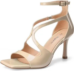 Oh Mispares Women’s Stiletto Heel Sandals Square Open Toe Strappy High Heels Ankle Strap Buckle 3.5 Inch Summer Dress Shoes for Party Wedding Prom