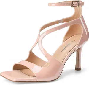 Oh Mispares Women’s Stiletto Heel Sandals Square Open Toe Strappy High Heels Ankle Strap Buckle 3.5 Inch Summer Dress Shoes for Party Wedding Prom