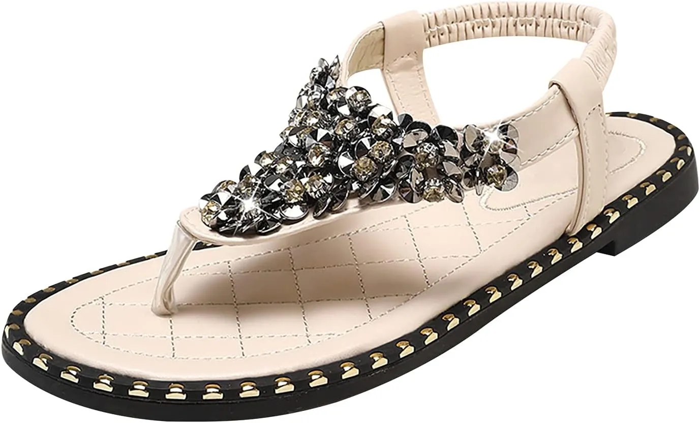 oiangi Sandals Women Fashion Casual Beaded Rhinestones Elastic Strap Thong Flat Sandals Summer Comfortable Trendy Open Toe Beach Shoes