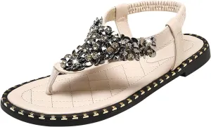 oiangi Sandals Women Fashion Casual Beaded Rhinestones Elastic Strap Thong Flat Sandals Summer Comfortable Trendy Open Toe Beach Shoes