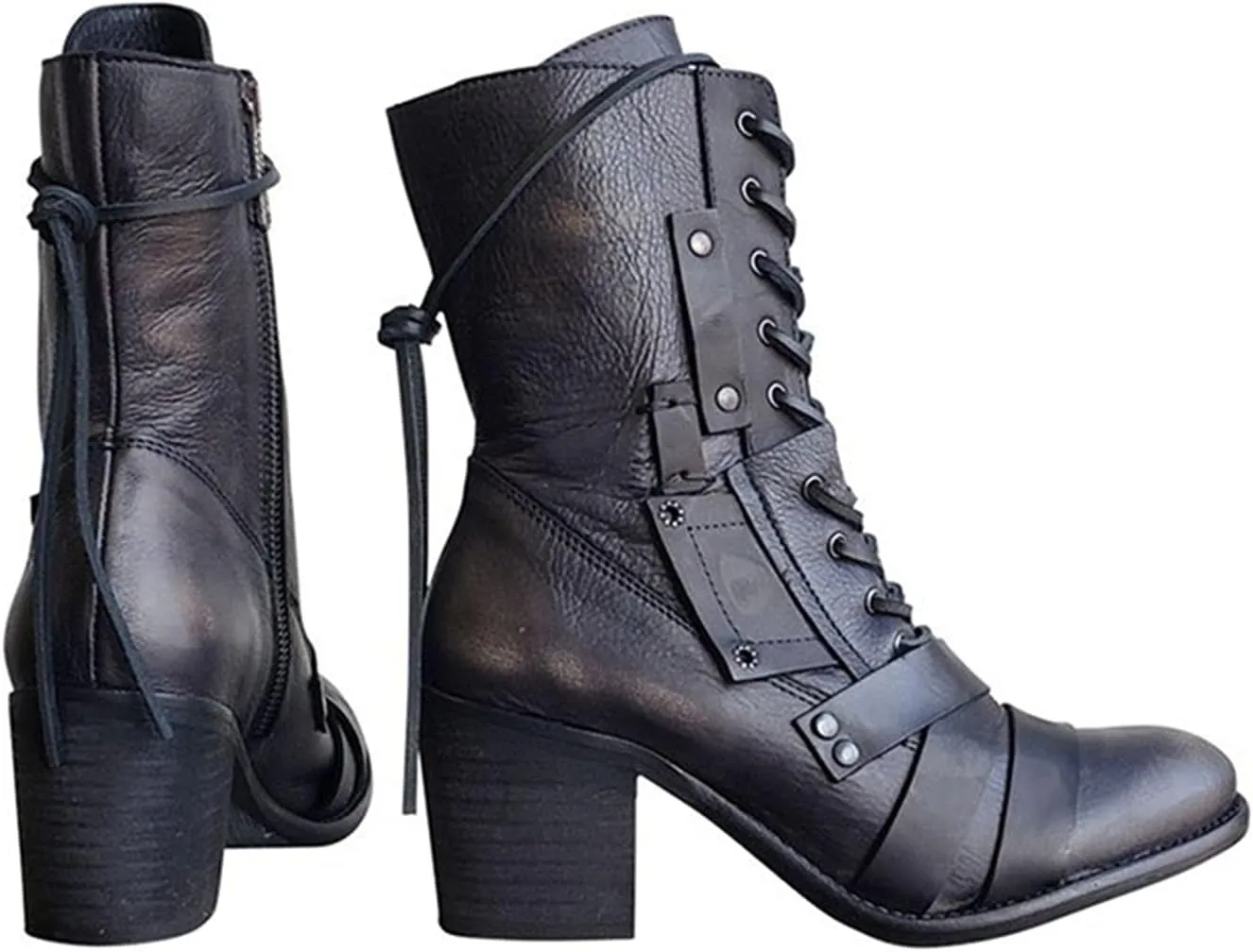 oiangi Women's Shoes Fashion Casual Laceing Mid Thick Heel Rivets Zipper Comfortable Trendy Shoes Mid Leather Boots
