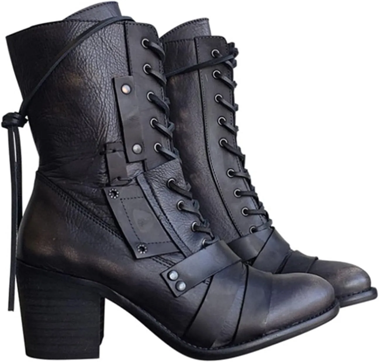 oiangi Women's Shoes Fashion Casual Laceing Mid Thick Heel Rivets Zipper Comfortable Trendy Shoes Mid Leather Boots