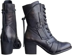 oiangi Women's Shoes Fashion Casual Laceing Mid Thick Heel Rivets Zipper Comfortable Trendy Shoes Mid Leather Boots