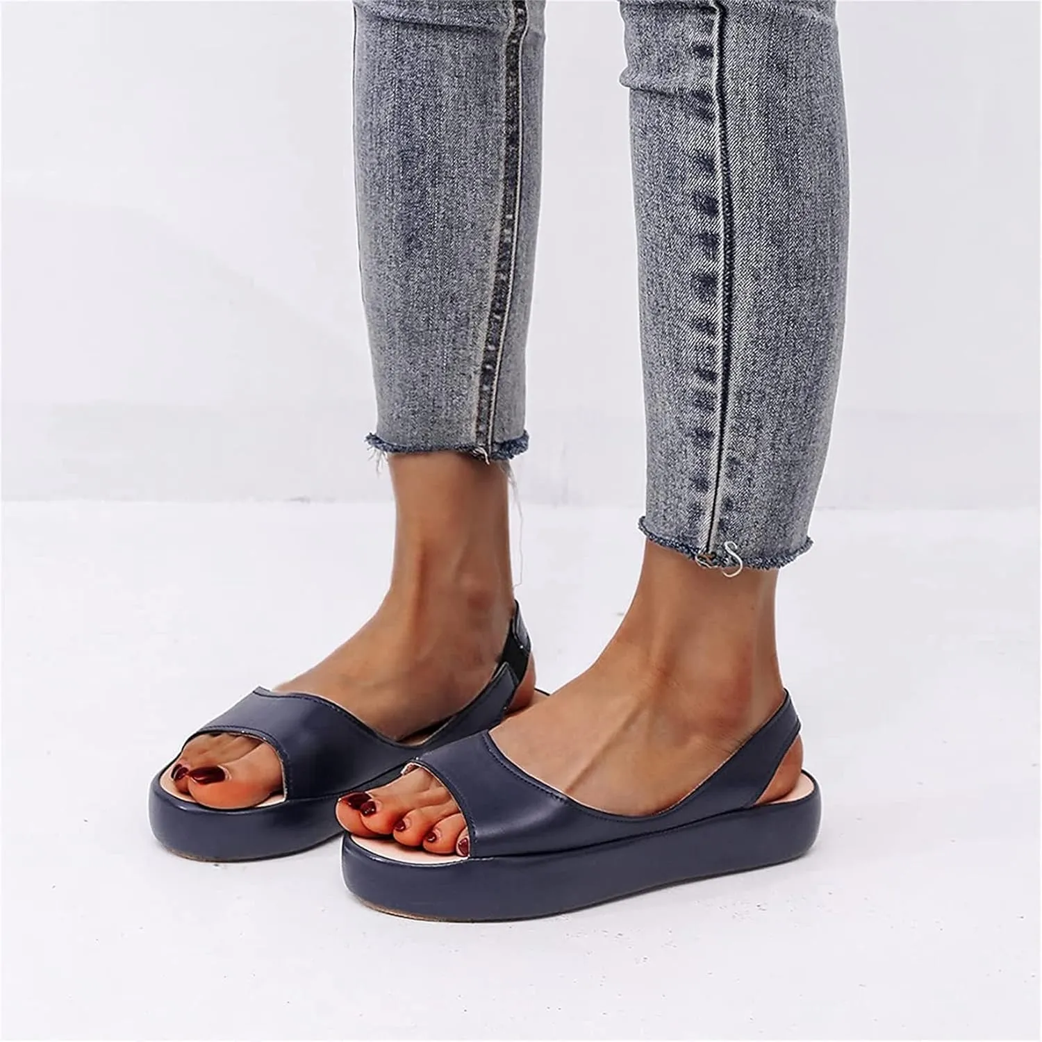 OMIREL Womens Open Toe Platform Sandals Slip on Elastic Ankle Strap Wedges Sandals Slide on Fish Mouth Sandals Orthopedic with Arch Support Leather Summer Mules Walking Beach Shoes,Blue,US11/EU42