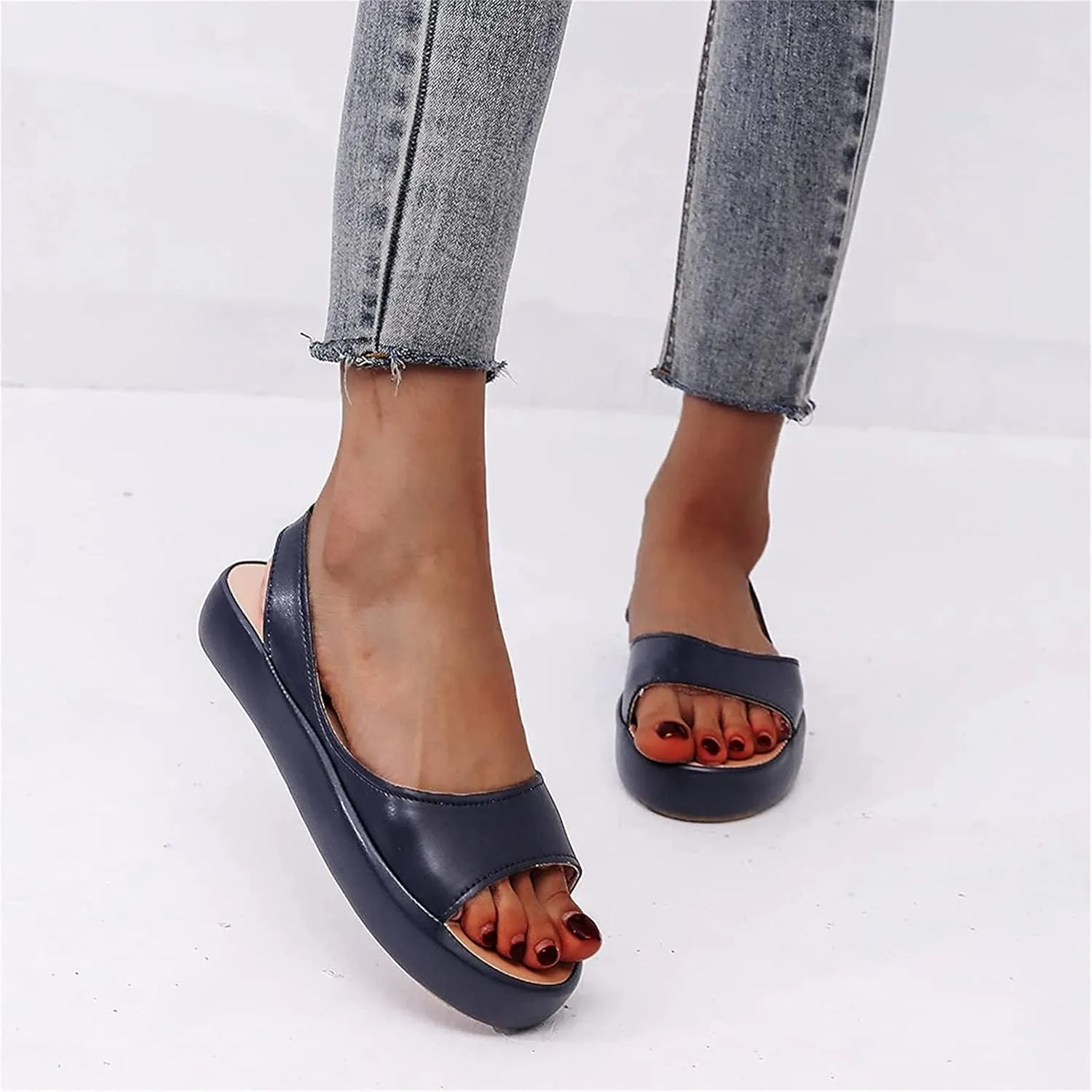 OMIREL Womens Open Toe Platform Sandals Slip on Elastic Ankle Strap Wedges Sandals Slide on Fish Mouth Sandals Orthopedic with Arch Support Leather Summer Mules Walking Beach Shoes,Blue,US11/EU42