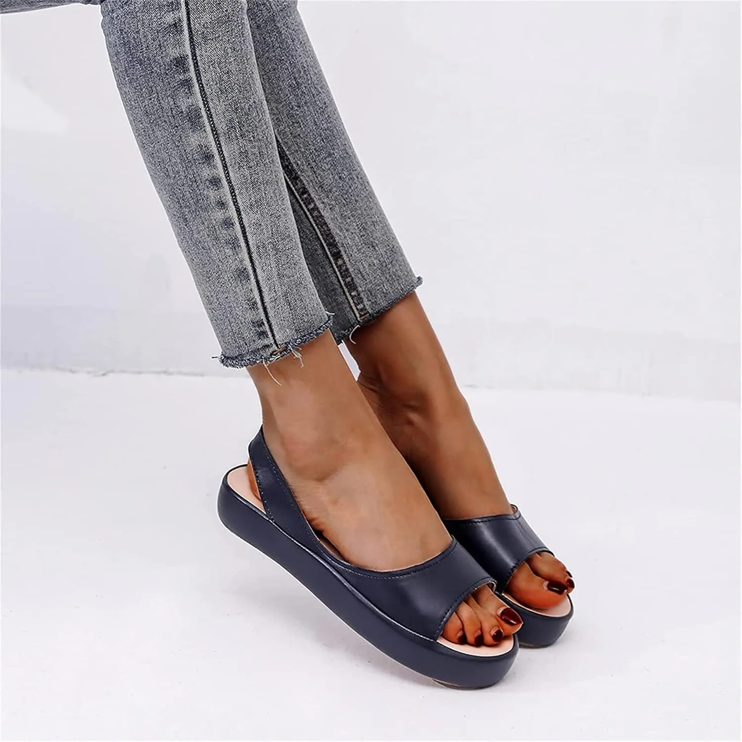 OMIREL Womens Open Toe Platform Sandals Slip on Elastic Ankle Strap Wedges Sandals Slide on Fish Mouth Sandals Orthopedic with Arch Support Leather Summer Mules Walking Beach Shoes,Blue,US11/EU42