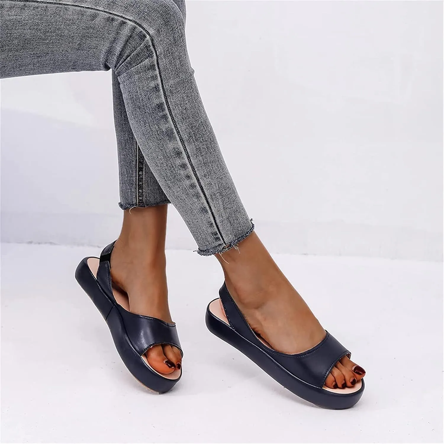 OMIREL Womens Open Toe Platform Sandals Slip on Elastic Ankle Strap Wedges Sandals Slide on Fish Mouth Sandals Orthopedic with Arch Support Leather Summer Mules Walking Beach Shoes,Blue,US11/EU42