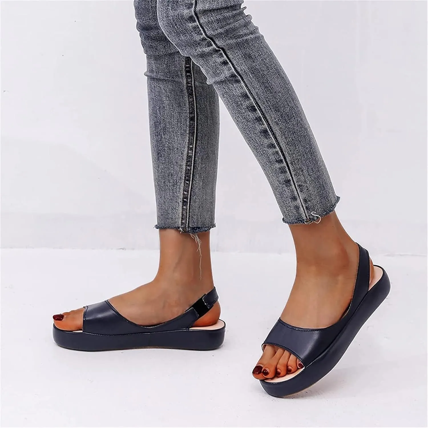 OMIREL Womens Open Toe Platform Sandals Slip on Elastic Ankle Strap Wedges Sandals Slide on Fish Mouth Sandals Orthopedic with Arch Support Leather Summer Mules Walking Beach Shoes,Blue,US11/EU42