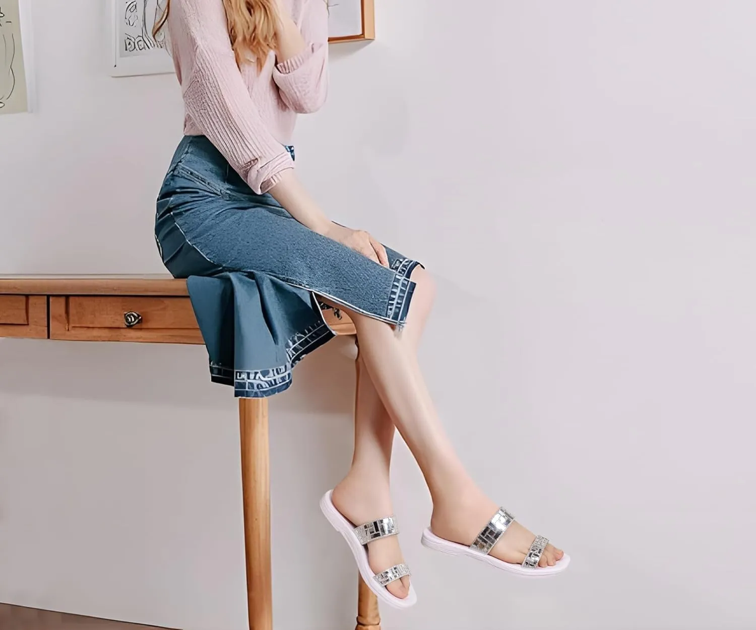 ONCAI Rhinestones Slide Sandals for Women with Glittery Trendy Square Open Toe Summer Flat Sparkly Dressy Sandals with Slip-on Rubber Soles