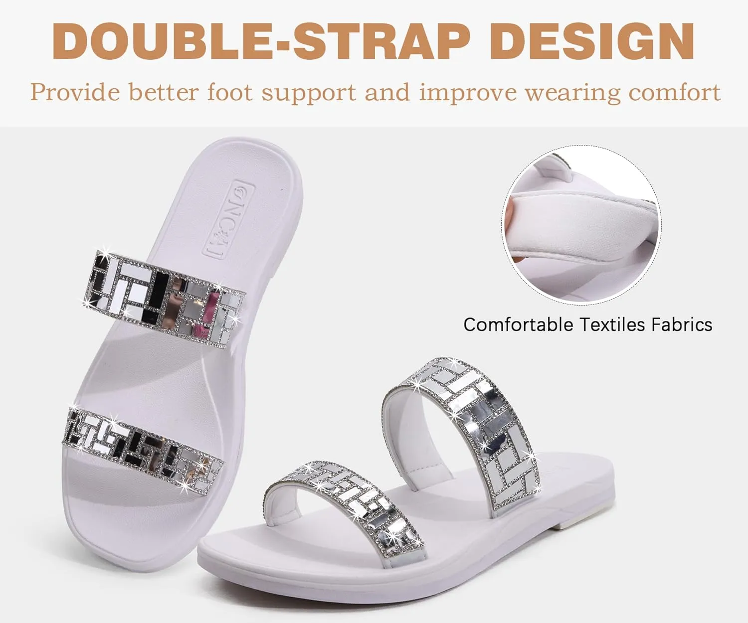 ONCAI Rhinestones Slide Sandals for Women with Glittery Trendy Square Open Toe Summer Flat Sparkly Dressy Sandals with Slip-on Rubber Soles